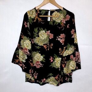 AUW Black Floral Bell Sleeve Blouse Shirt Medium Cottagecore Whimsigoth‎